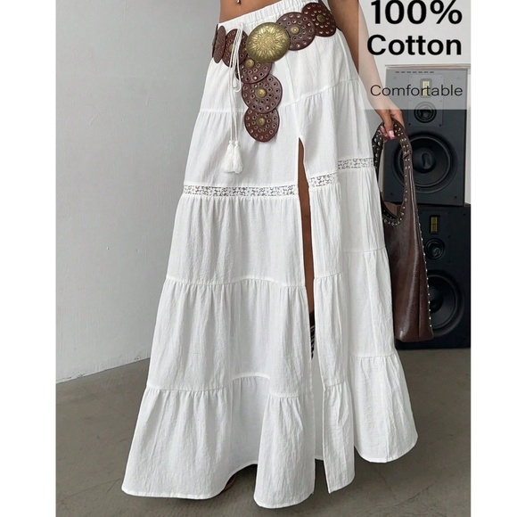 Boho Stretchy Waist lace Insert Split Thigh Maxi Skirt - Picture 7 of 11